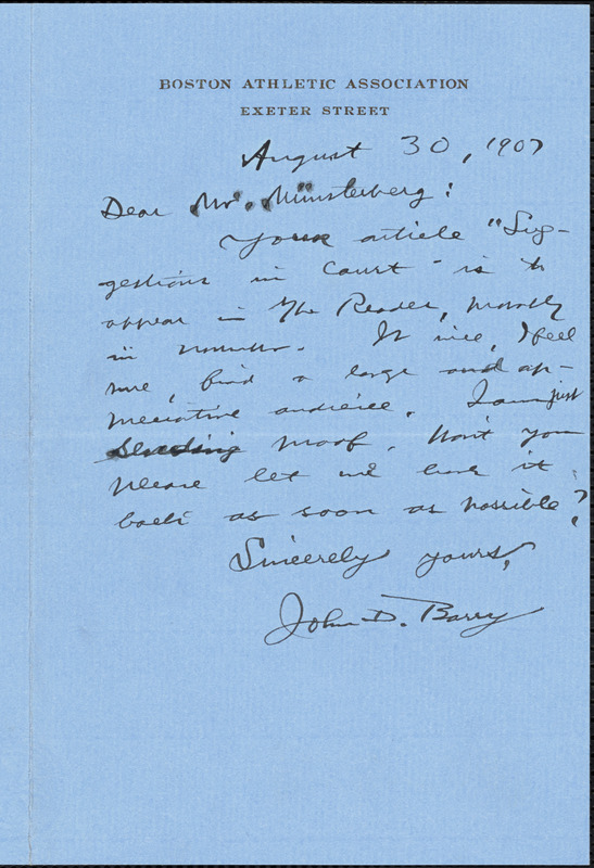 Barry, John D. (John Daniel), 1866-1942 autograph letter signed to Hugo Münsterberg, Boston, 30 August 1907