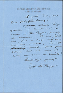 Barry, John D. (John Daniel), 1866-1942 autograph letter signed to Hugo Münsterberg, Boston, 30 August 1907