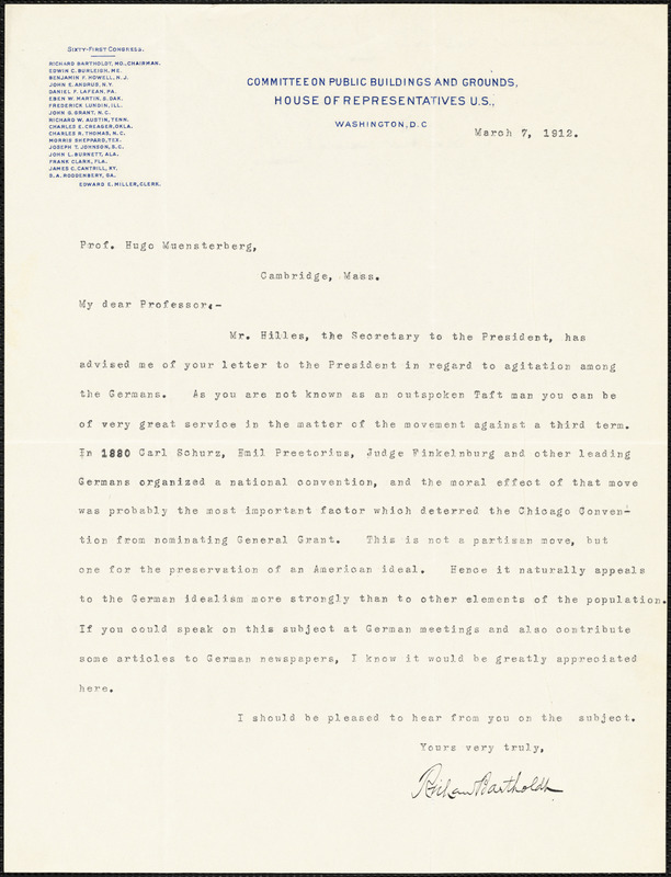 Barthold, Richard, 1855-1932 typed letter signed to Hugo Münsterberg, Washington, 07 March 1912
