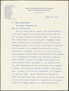 Barthold, Richard, 1855-1932 typed letter signed to Hugo Münsterberg, Washington, 22 March 1912