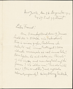 Baruch, Emanuel de Marnay, 1870-1935 autograph letter signed to Hugo Münsterberg, New York, 26 December 1914