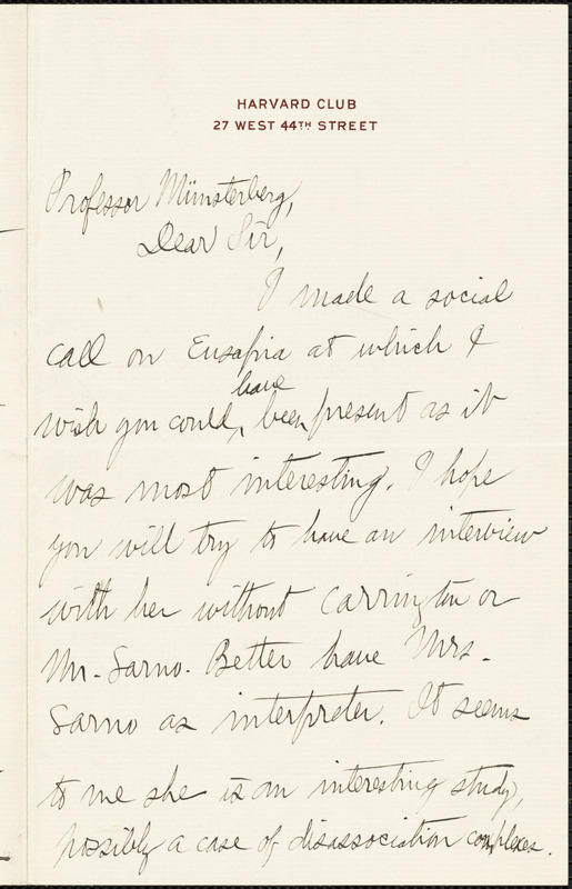 Batchelder, Charles Clarence, 1867-1946 autograph letter signed to Hugo Münsterberg, Boston, 1909?