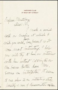 Batchelder, Charles Clarence, 1867-1946 autograph letter signed to Hugo Münsterberg, Boston, 1909?