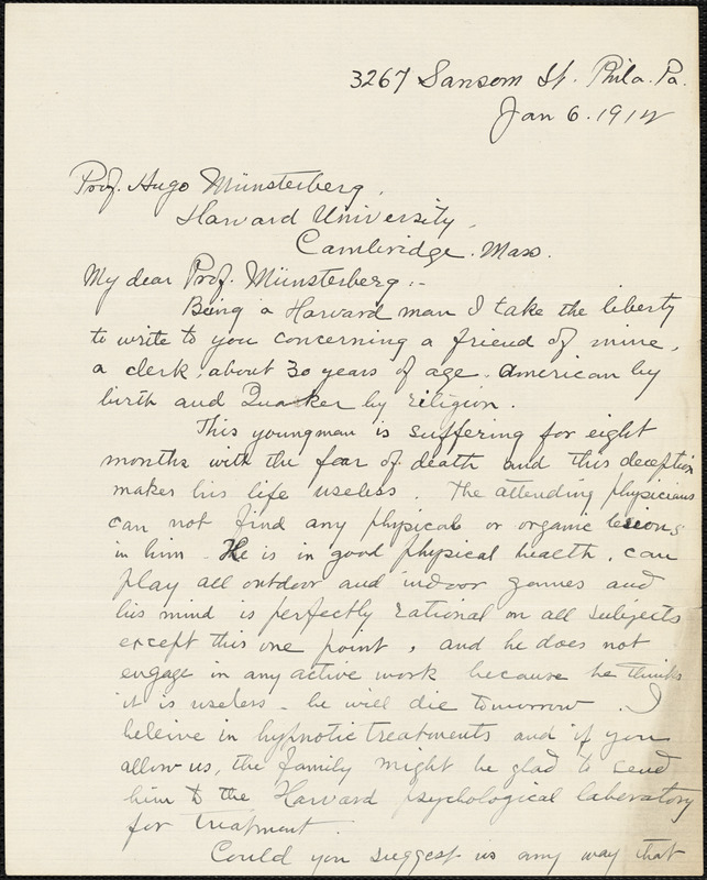 Bedrossian, Edward, fl.1912 autograph letter signed to Hugo Münsterberg, Philadelphia, 06 January 1912