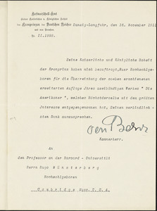 Behr, von, fl.1911 typed letter signed to Hugo Münsterberg, Danzig-Langfuhl, 16 November 1911