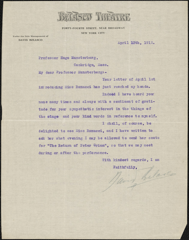 Belasco, David, 1853-1931 typed letter signed to Hugo Münsterberg, New York, 13 April 1912