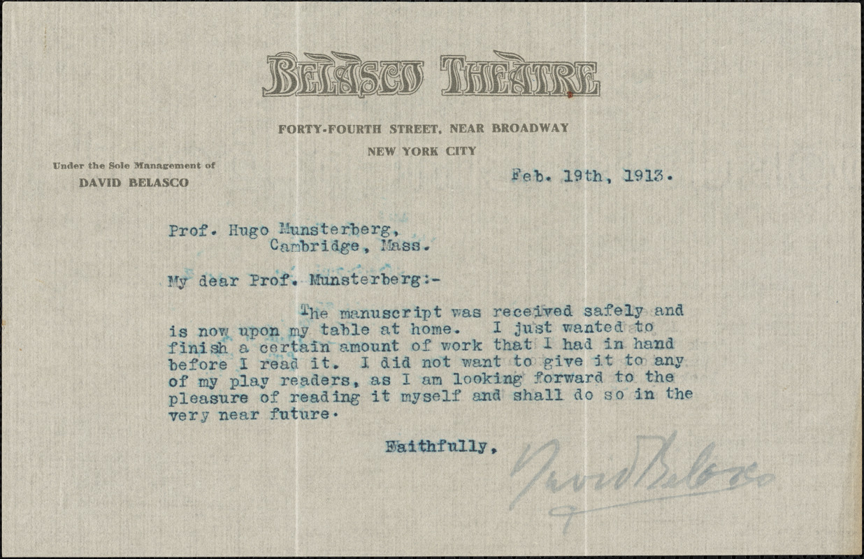 Belasco, David, 1853-1931 typed letter signed to Hugo Münsterberg, New York, 19 February 1913