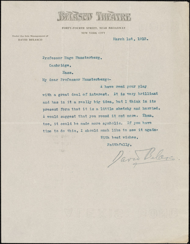 Belasco, David, 1853-1931 typed letter signed to Hugo Münsterberg, New York, 01 March 1913