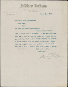 Belasco, David, 1853-1931 typed letter signed to Hugo Münsterberg, New York, 01 March 1913
