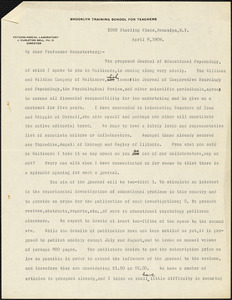 Bell, J. Carleton (James Carleton), 1872-1946 typed letter signed to Hugo Münsterberg, Brooklyn, N.Y, 08 April 1909