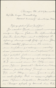 Bendrat, Thomas Albert, 1878- autograph letter signed to Hugo Münsterberg, Chicago, 24 January 1913