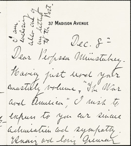 Benedict, Clara Woolson, 1843-1923 autograph letter signed to Hugo Münsterberg, New York, Dec. 8 1914?