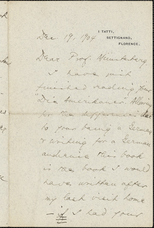 Berenson, Bernard, 1865-1959 autograph letter signed to Hugo Münsterberg, Florence, Italy, 19 December 1904
