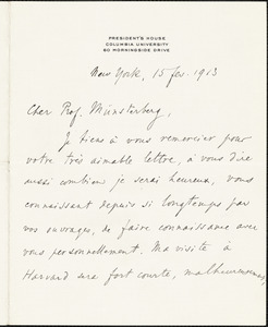 Bergson, Henri, 1859-1941 autograph letter signed to Hugo Münsterberg, New York, 15 February 1913