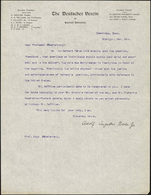Berle, A. A. (Adolf Augustus), 1866-1960 typed letter signed to Hugo Münsterberg, Cambridge, Mass., 10 November 1914