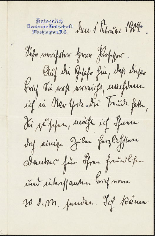 Bernstorff, Johann Heinrich, Graf von, 1862-1939 autograph letter signed to Hugo Münsterberg, Washington, D.C., 01 February 1909