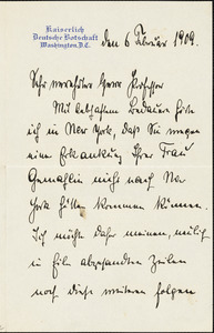 Bernstorff, Johann Heinrich, Graf von, 1862-1939 autograph letter signed to Hugo Münsterberg, Washington, D.C., 06 February 1909