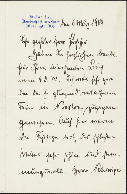 Bernstorff, Johann Heinrich, Graf von, 1862-1939 autograph letter signed to Hugo Münsterberg, Washington, D.C., 06 March 1909