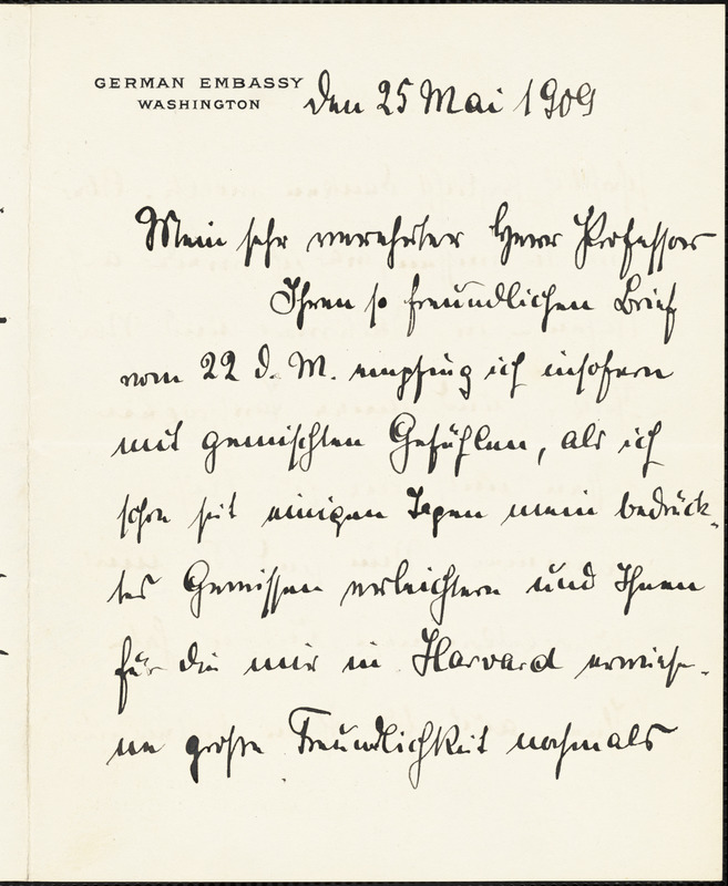 Bernstorff, Johann Heinrich, Graf von, 1862-1939 autograph letter signed to Hugo Münsterberg, Washington, D.C., 25 May 1909