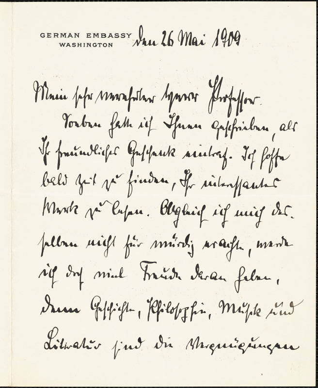 Bernstorff, Johann Heinrich, Graf von, 1862-1939 autograph letter signed to Hugo Münsterberg, Washington, D.C., 26 May 1909
