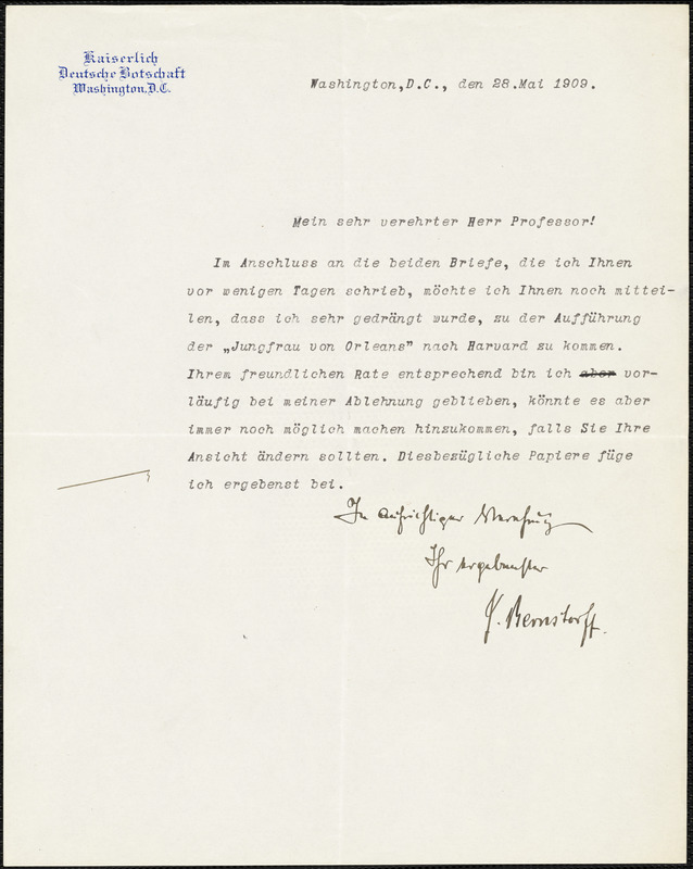 Bernstorff, Johann Heinrich, Graf von, 1862-1939 autograph letter signed to Hugo Münsterberg, Washington, D.C., 28 May 1909