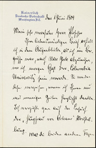 Bernstorff, Johann Heinrich, Graf von, 1862-1939 autograph letter signed to Hugo Münsterberg, Washington, D.C., 01 June 1909