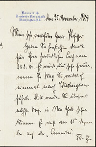 Bernstorff, Johann Heinrich, Graf von, 1862-1939 autograph letter signed to Hugo Münsterberg, Washington, D.C., 25 November 1909