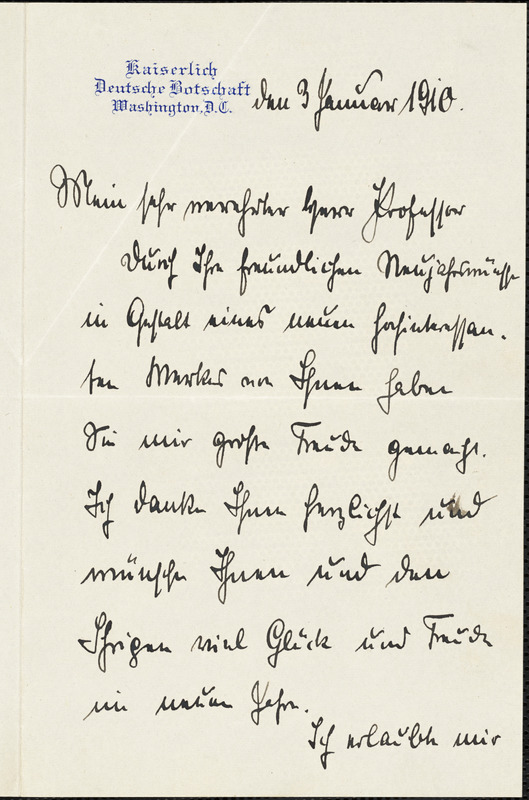 Bernstorff, Johann Heinrich, Graf von, 1862-1939 autograph letter signed to Hugo Münsterberg, Washington, D.C., 03 January 1910