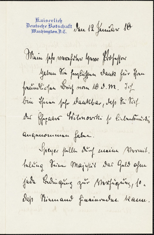 Bernstorff, Johann Heinrich, Graf von, 1862-1939 autograph letter signed to Hugo Münsterberg, Washington, D.C., 12 January 1910