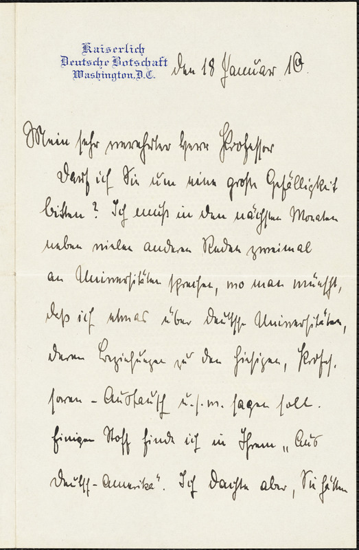 Bernstorff, Johann Heinrich, Graf von, 1862-1939 autograph letter signed to Hugo Münsterberg, Washington, D.C., 18 January 1910