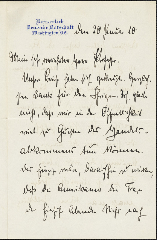 Bernstorff, Johann Heinrich, Graf von, 1862-1939 autograph letter signed to Hugo Münsterberg, Washington, D.C., 20 January 1910