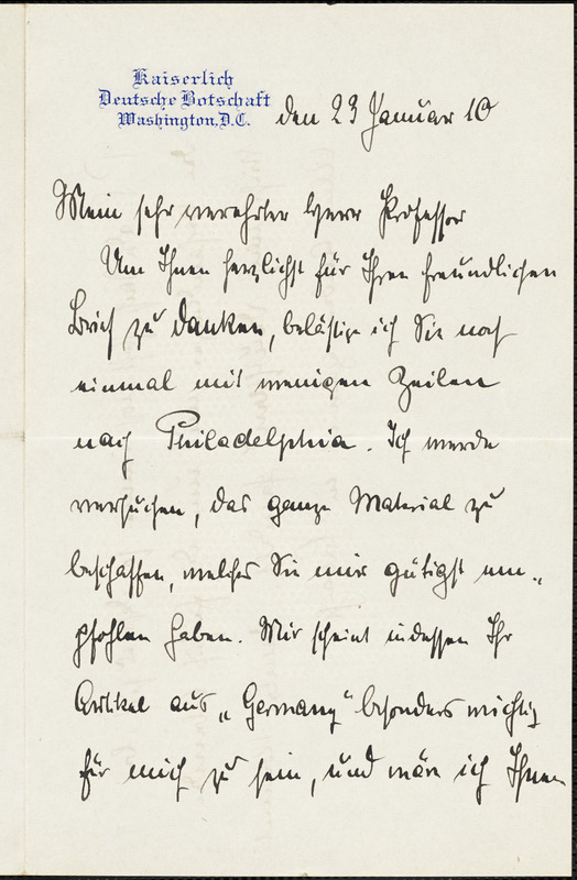 Bernstorff, Johann Heinrich, Graf von, 1862-1939 autograph letter signed to Hugo Münsterberg, Washington, D.C., 23 January 1910