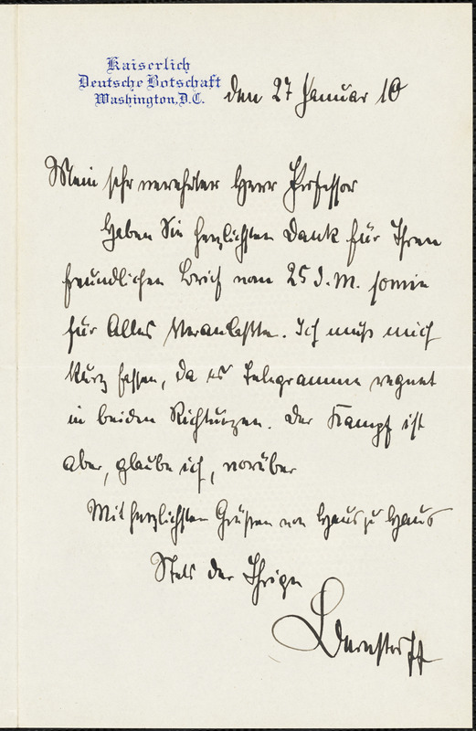 Bernstorff, Johann Heinrich, Graf von, 1862-1939 autograph letter signed to Hugo Münsterberg, Washington, D.C., 27 January 1910