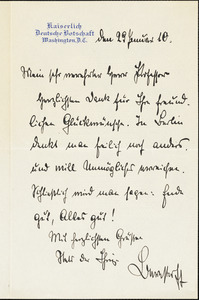 Bernstorff, Johann Heinrich, Graf von, 1862-1939 autograph letter signed to Hugo Münsterberg, Washington, D.C., 29 January 1910