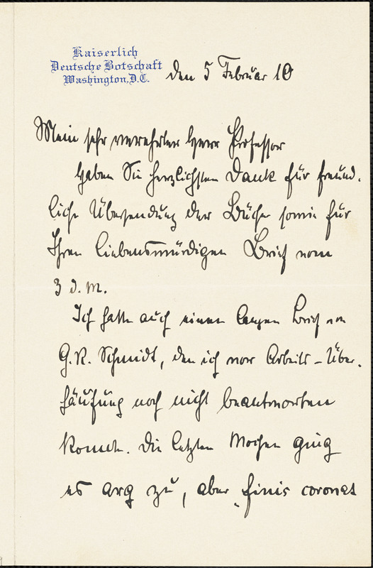 Bernstorff, Johann Heinrich, Graf von, 1862-1939 autograph letter signed to Hugo Münsterberg, Washington, D.C., 05 February 1910