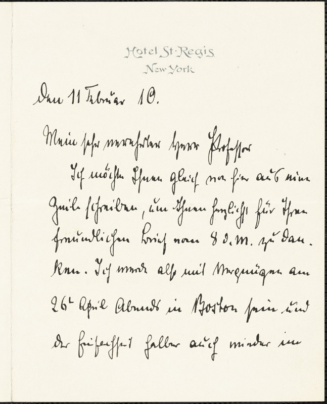 Bernstorff, Johann Heinrich, Graf von, 1862-1939 autograph letter signed to Hugo Münsterberg, New York, 11 February 1910