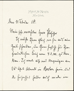 Bernstorff, Johann Heinrich, Graf von, 1862-1939 autograph letter signed to Hugo Münsterberg, New York, 11 February 1910
