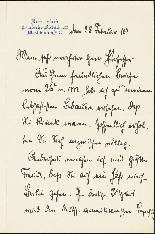 Bernstorff, Johann Heinrich, Graf von, 1862-1939 autograph letter signed to Hugo Münsterberg, Washington, D.C., 28 February 1910