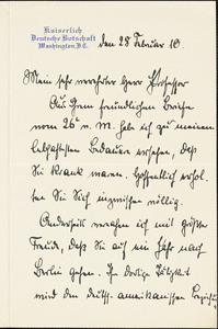 Bernstorff, Johann Heinrich, Graf von, 1862-1939 autograph letter signed to Hugo Münsterberg, Washington, D.C., 28 February 1910