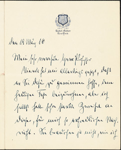 Bernstorff, Johann Heinrich, Graf von, 1862-1939 autograph letter signed to Hugo Münsterberg, New York, 19 March 1910