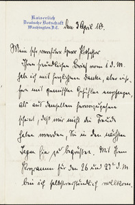 Bernstorff, Johann Heinrich, Graf von, 1862-1939 autograph letter signed to Hugo Münsterberg, Washington, D.C., 03 April 1910