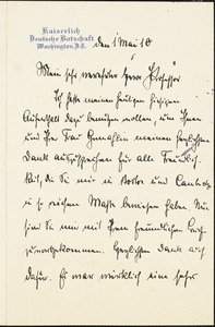Bernstorff, Johann Heinrich, Graf von, 1862-1939 autograph letter signed to Hugo Münsterberg, Washington, D.C., 01 May 1910