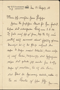 Bernstorff, Johann Heinrich, Graf von, 1862-1939 autograph letter signed to Hugo Münsterberg, Starnberg, Ger., 14 August 1910