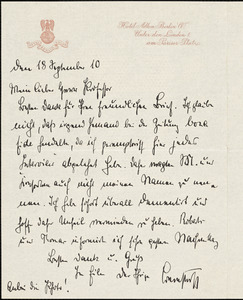 Bernstorff, Johann Heinrich, Graf von, 1862-1939 autograph letter signed to Hugo Münsterberg, Berlin, 18 September 1910