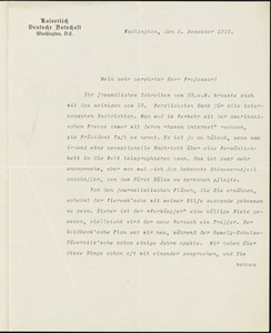 Bernstorff, Johann Heinrich, Graf von, 1862-1939 typed letter signed to Hugo Münsterberg, Washington, D.C., 05 December 1910