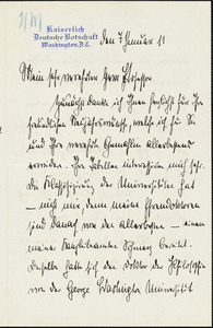 Bernstorff, Johann Heinrich, Graf von, 1862-1939 autograph letter signed to Hugo Münsterberg, Washington, D.C., 07 January 1911