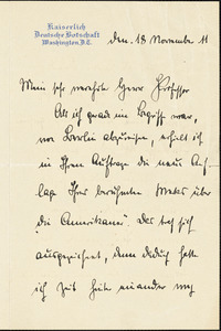 Bernstorff, Johann Heinrich, Graf von, 1862-1939 autograph letter signed to Hugo Münsterberg, Washington, etc., 18 November 1911