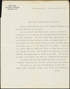 Bernstorff, Johann Heinrich, Graf von, 1862-1939 typed letter signed to Hugo Münsterberg, Washington, D.C., 20 November 1911