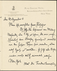 Bernstorff, Johann Heinrich, Graf von, 1862-1939 autograph letter signed to Hugo Münsterberg, New York, 22 December 1911