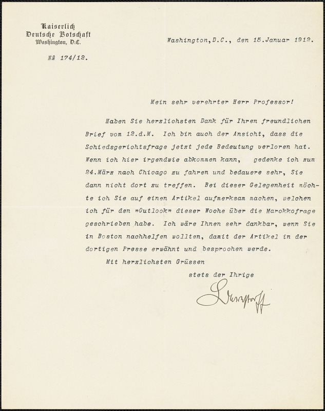 Bernstorff, Johann Heinrich, Graf von, 1862-1939 typed letter signed to Hugo Münsterberg, Washington, D.C., 15 January 1912